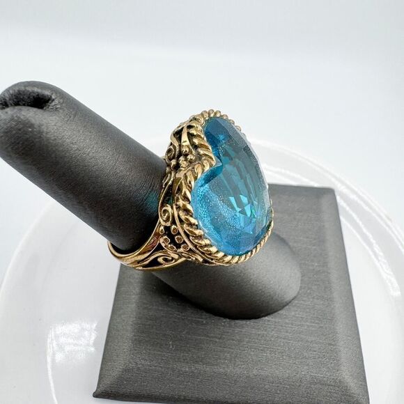 Vintage Sajen Bronze Filigree Heart Ring Dream Blue CZ Retro Glam Modern Chunky - Picture 9 of 14